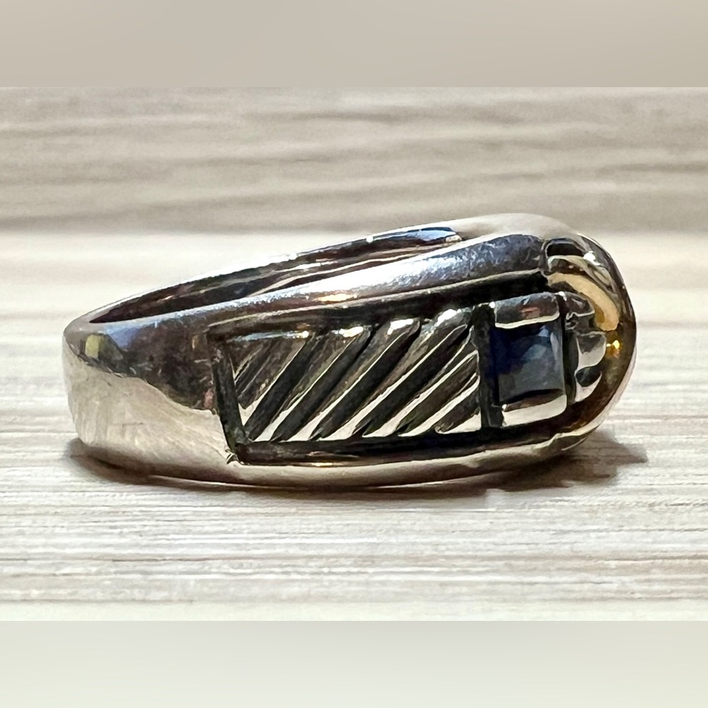 Designer Signed AZ Sterling Silver & 18k Yellow Gold Sapphire Ring, Size 6.5 - Picture 6 of 12